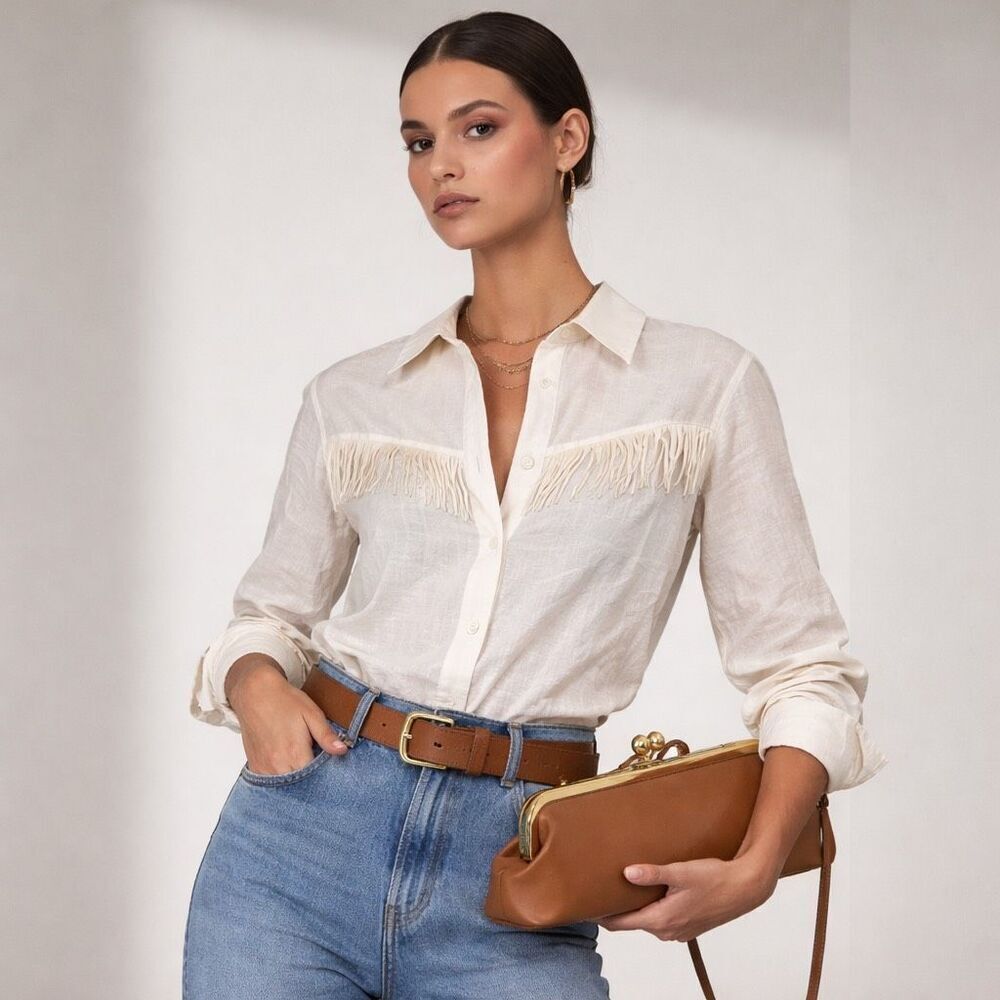 ZARA Western Fringe Button Down Shirt Women’s Medium Cowboy Long Sleeve, NWT